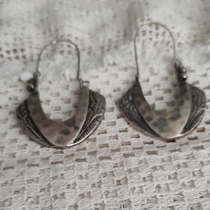 Sterling Silver- Textured Crescent Hoop Earrings - Silver